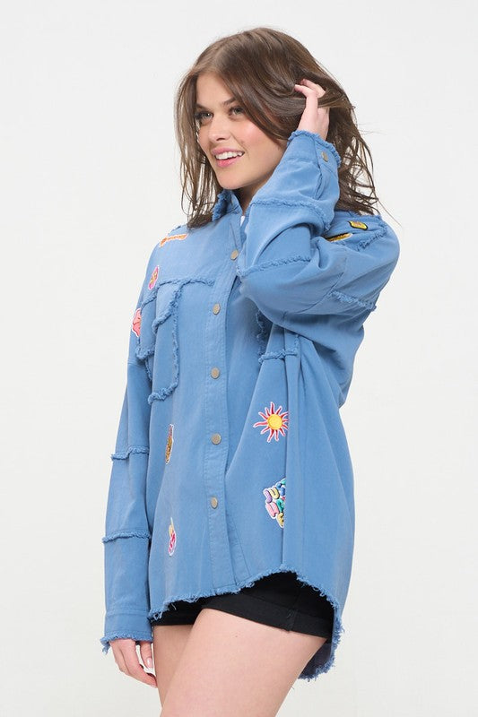 Patchwork frayed hem button down collared top 20977070_b12fe249-d207-4c40-88d9-41b12afe0221