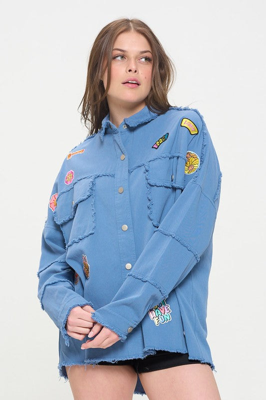 Patchwork frayed hem button down collared top 20977070_f0abbc6b-5fd8-4382-9f0e-0fa576353fbe