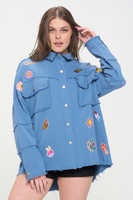 Patchwork frayed hem button down collared top ORCHID 20977070_f4dcbfa3-47af-469c-b8af-60e603f7e4a3