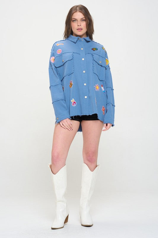 Patchwork frayed hem button down collared top 20977070_ff1cca13-fc91-4b37-a7a2-69b7b5fb634e