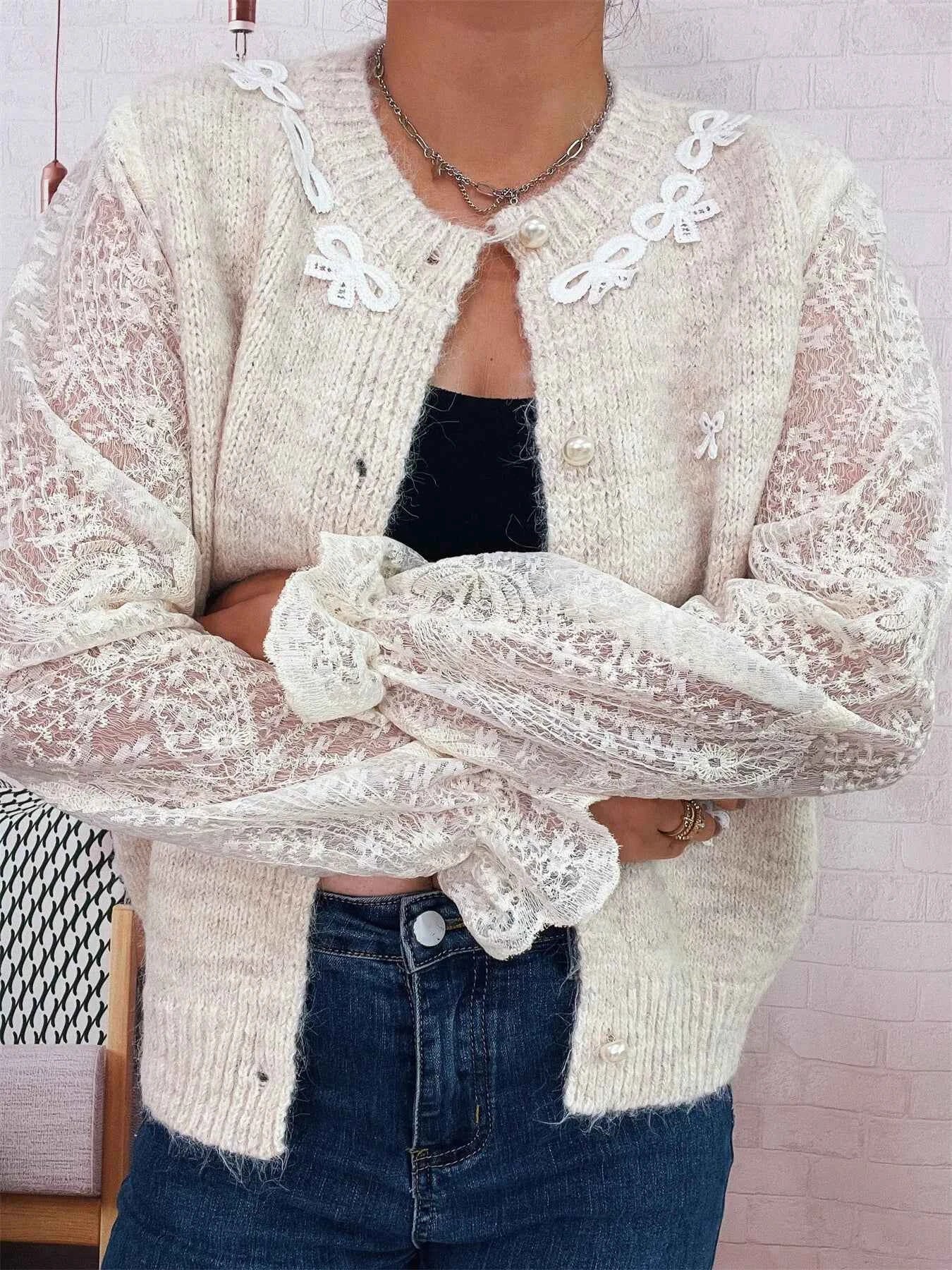 Lace Sleeve Button-Up Cardigan 20a0688585c04489b07c788c32fb290b-Max-Origin