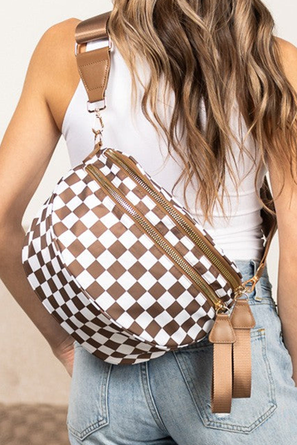 White Checkered Print Wide Strap Large Crossbody Bag 20ab81169337b3e7