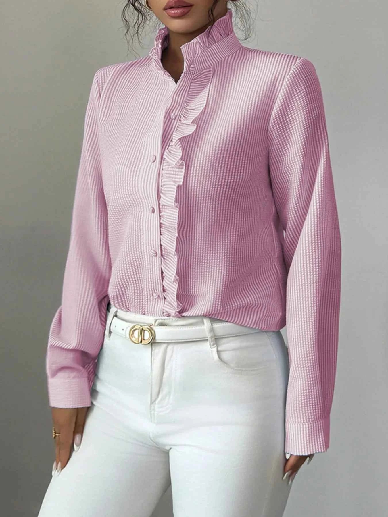 Ruffle Front Striped Button-Up Shirt Pink 20b09810-2005-4397-ab59-58aac2ccf78a-Max-Origin