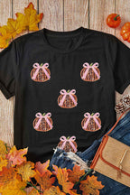 Black Sequin Bow Pumpkin Patched Cotton Blend T Shirt Black 62%Polyester+32%Cotton+6%Elastane 20b6889bcda8418f