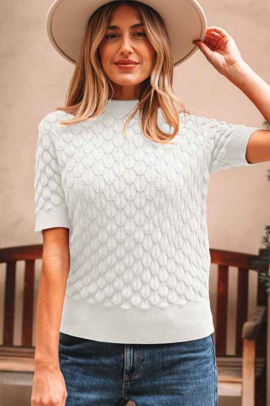 Fish Scale Textured Knit Short Sleeve Sweater 20b6ac48-0d7a-4dce-bf4f-28fbe5f8215c