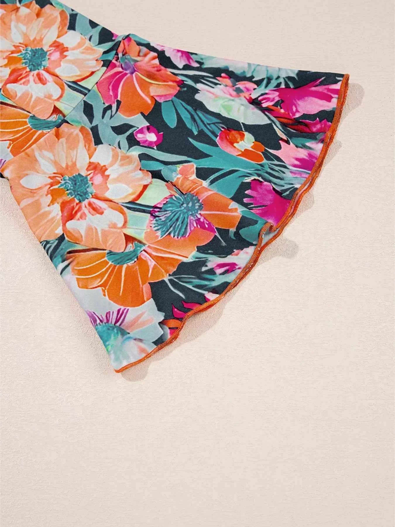 Floral 3/4 Flare Sleeve Tied Neck Blouse 20b860a88de14254bce68d744f904f8a-Max-Origin