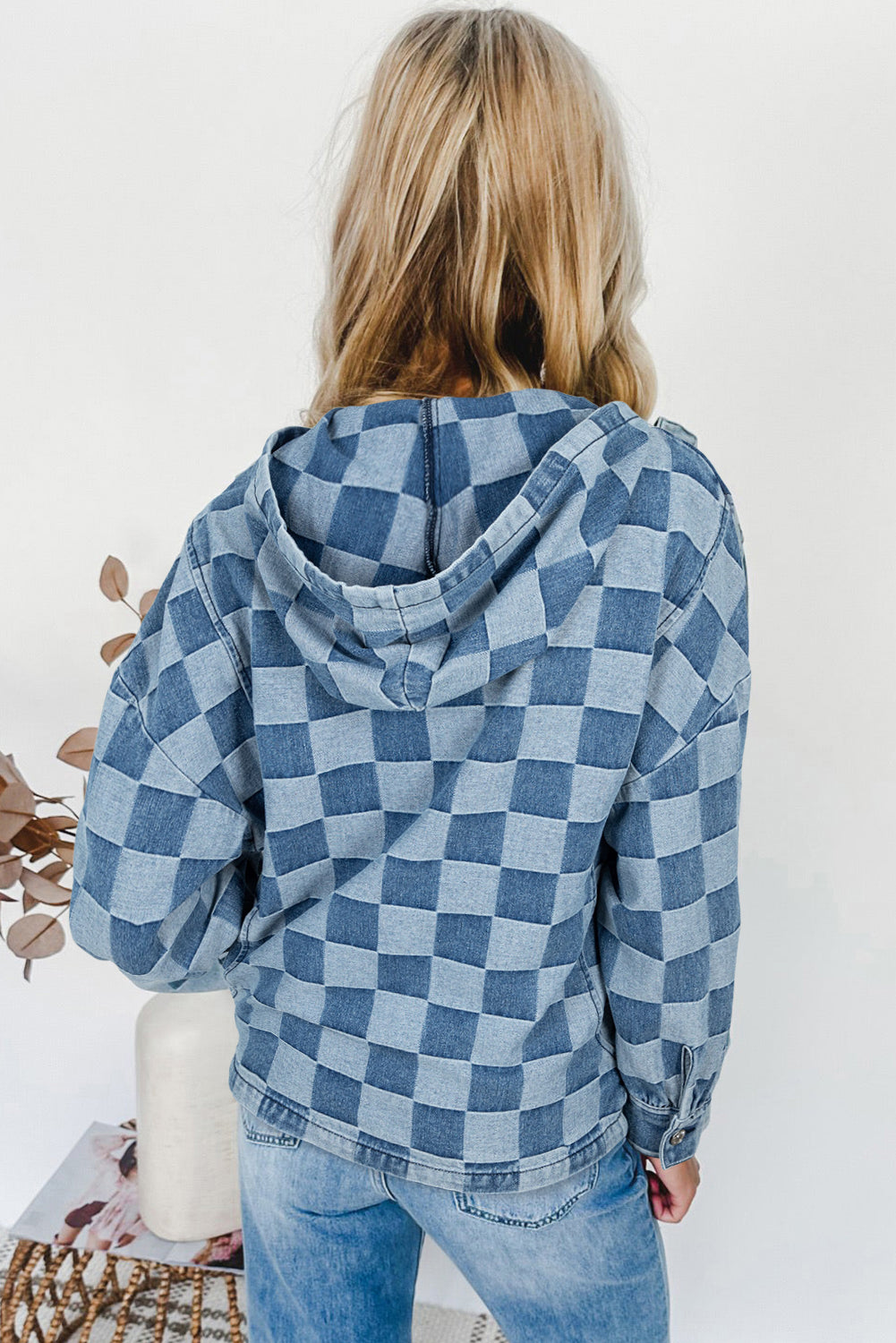 Sky Blue Checkerboard Zipped Collar Kangaroo Pocket Denim Hoodie 20bbc9db72314726