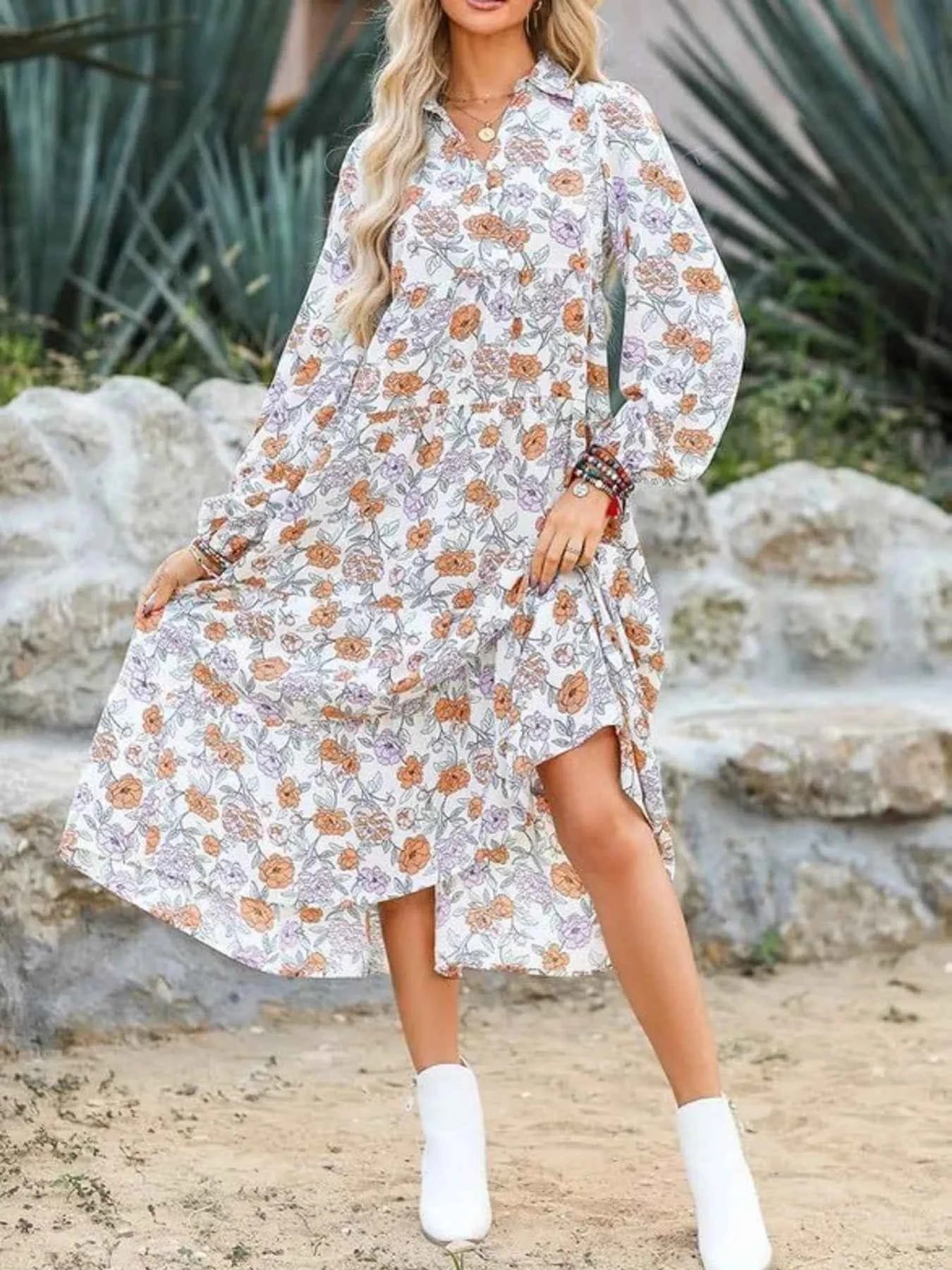Floral Print Balloon Sleeve Midi Dress White 20be27d1177a479b8774f45ef40df22a-Max-Origin