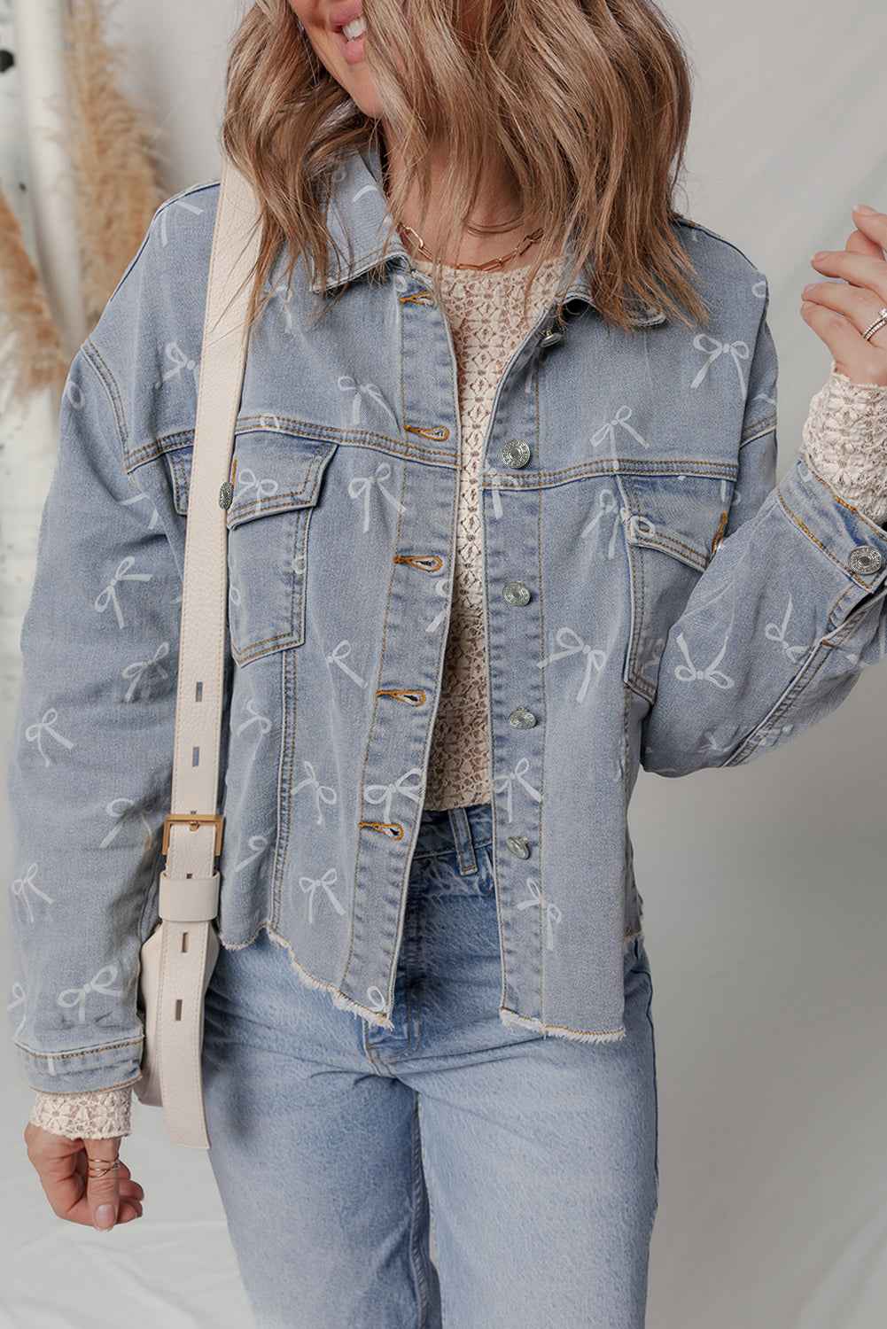 Sky Blue Bow Print Light Wash Raw Hem Denim Jacket 20c021b96bfbd525