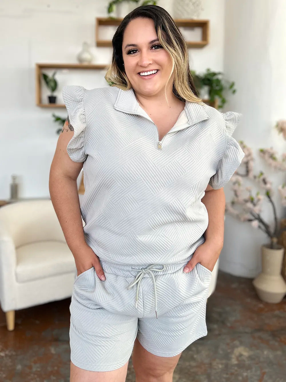 Double Take Full Size Texture Flounce Sleeve Top and Drawstring Shorts Set 20c09f45-c174-4710-aef9-f0cdea9136c8-Max