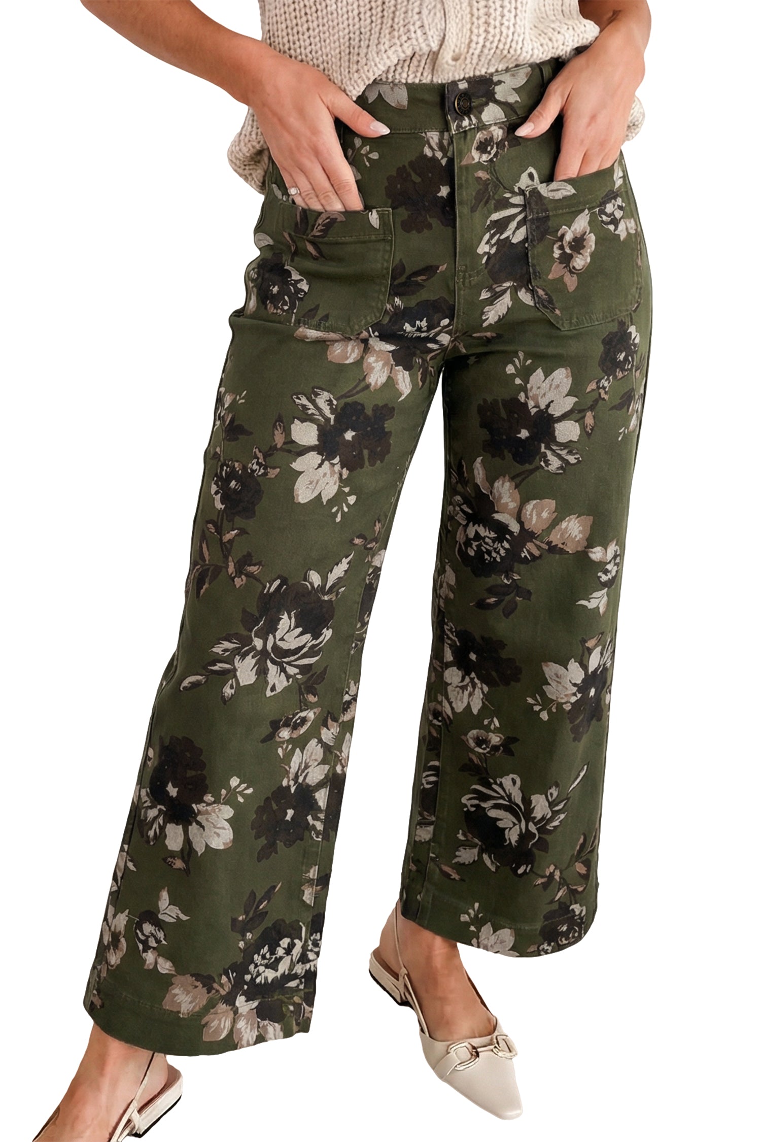 Green Vintage Floral Print Square Patch Pocket Raw Hem Shift Jeans 20c210f523e7318c