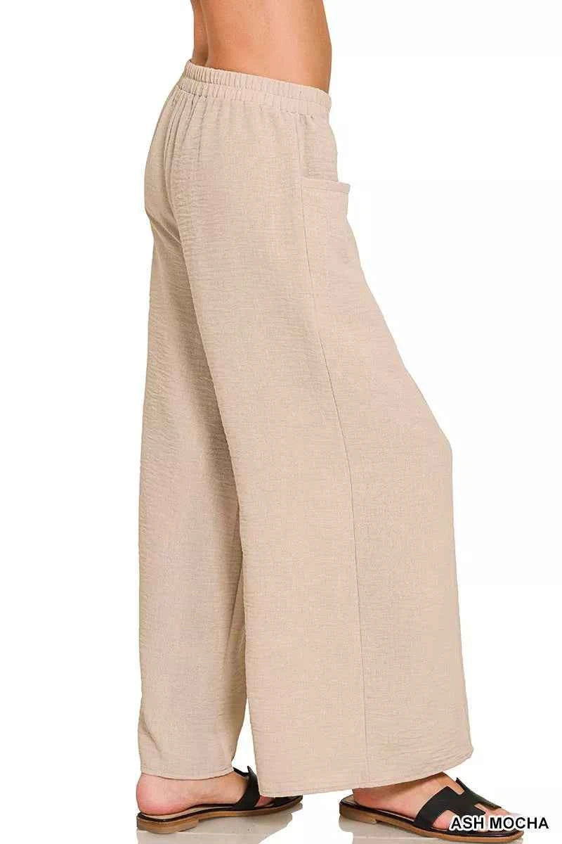 Zenana Woven Airflow Elastic Waistband Pants 20c31bebefc34dc69f487b51fb22fe84-Max-Origin