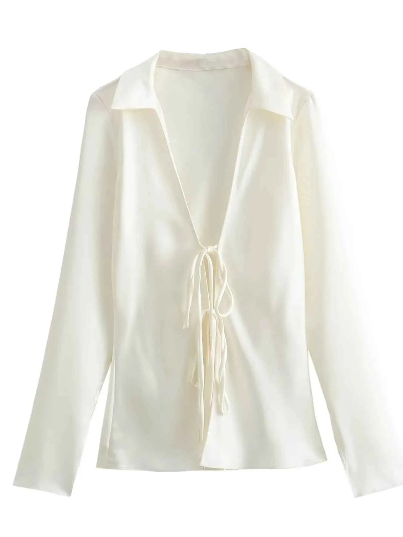 Satin Tie-Front Long Sleeve Shirt