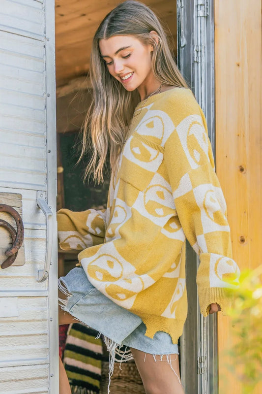 Yin Yang Checkerboard Loose Fit Pullover Sweater 20c43e9f-4050-48bd-99b7-814f237b4112-Max