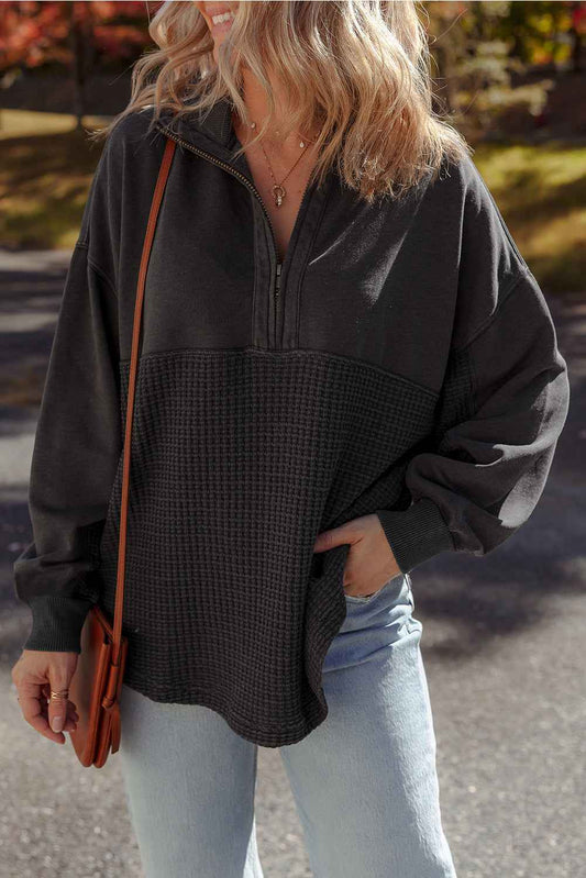 Carbon Grey Waffle Knit Patchwork Half Zipped Casual Sweatshirt Carbon Grey 65%Polyester+35%Cotton 20c6cd1fefd7f876