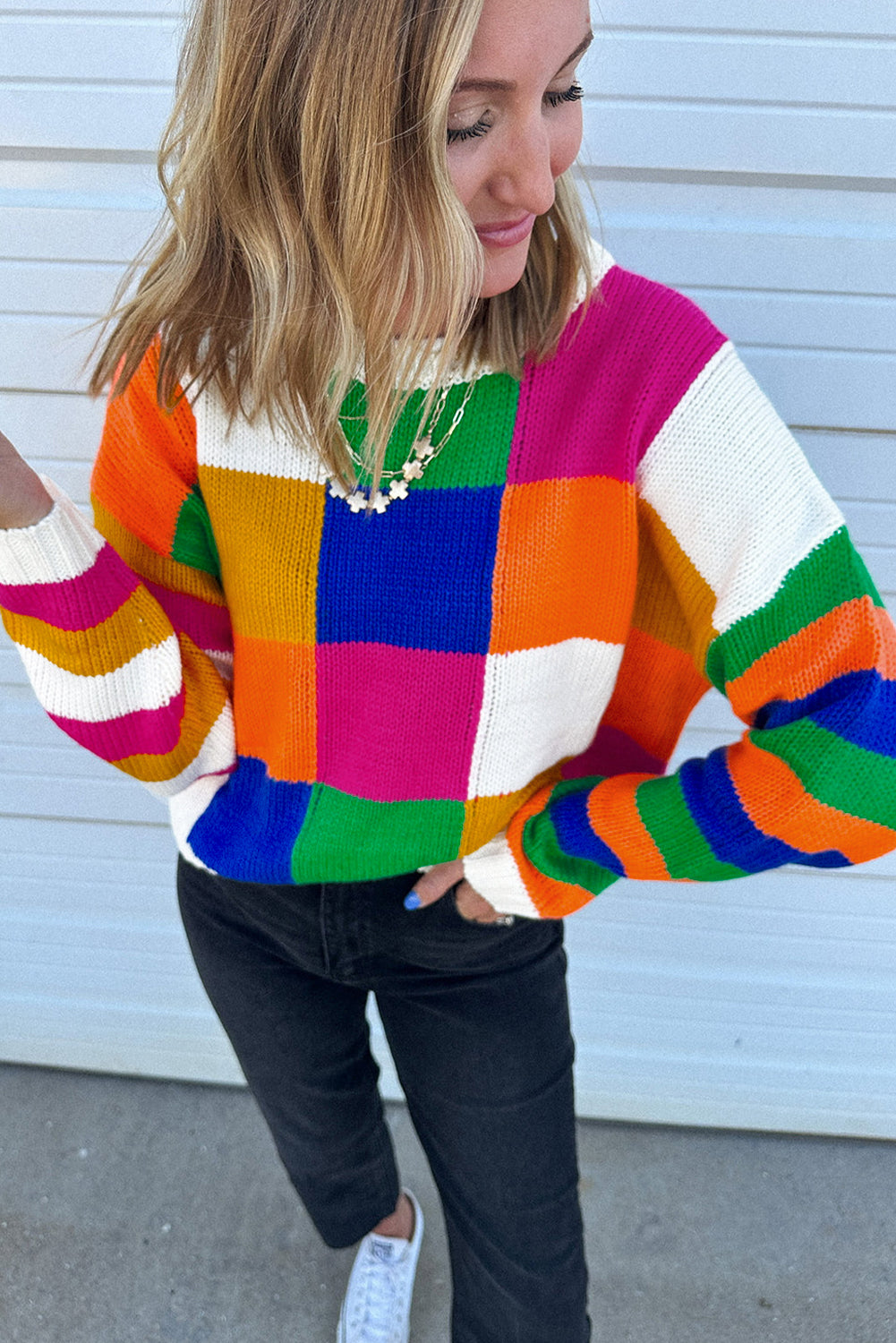 Orange Checkered Color Block Round Neck Loose Sweater 20ca81dbc50645d8