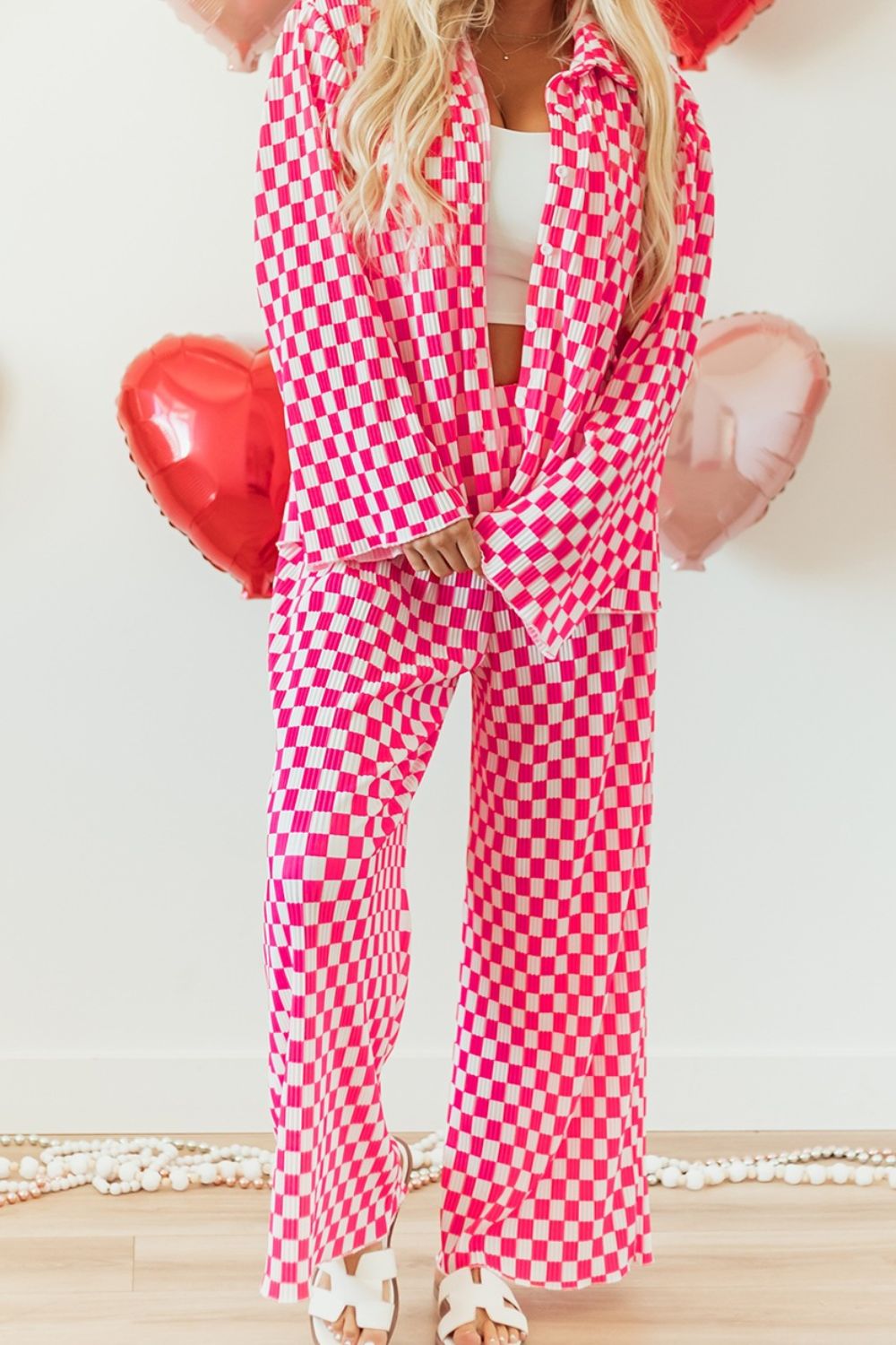 Checkerboard Print Long Sleeve Top and Pants Set 20ce3a4b-98a6-4b27-857d-01cfbaa01c1e-Max