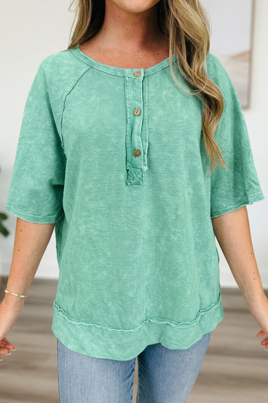 Mint Green Half Buttons Raw Seam Raglan Sleeve Mineral Wash T Shirt Mint Green 100%Cotton 20d2dbd322ab2832