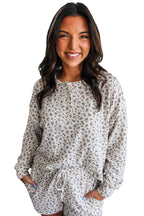 White Floral Print Ribbed Long Sleeve Pullover and Shorts Set 20d37d6b62bf7d99