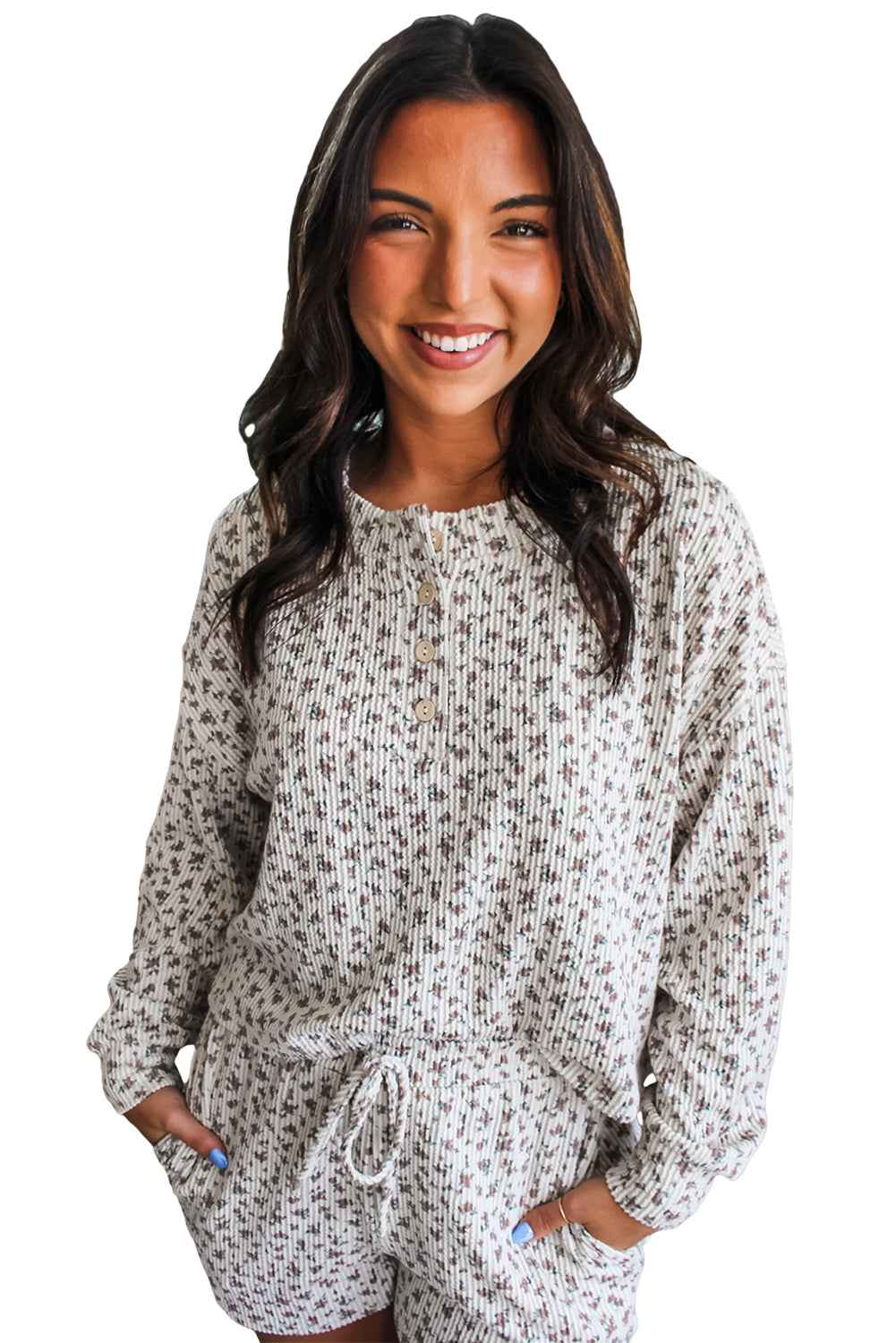White Floral Print Ribbed Long Sleeve Pullover and Shorts Set 20d37d6b62bf7d99