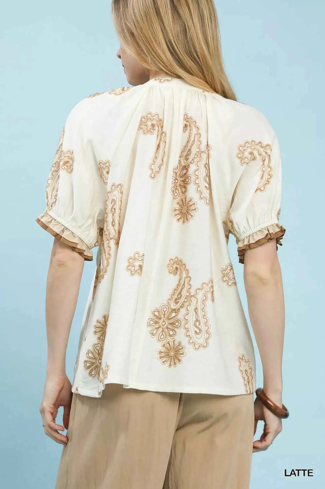 Umgee Paisley Embroidered Short Puff Sleeve Top 20db530d-dd2b-46b7-bd7d-2366d0b20a3f-Max-Origin