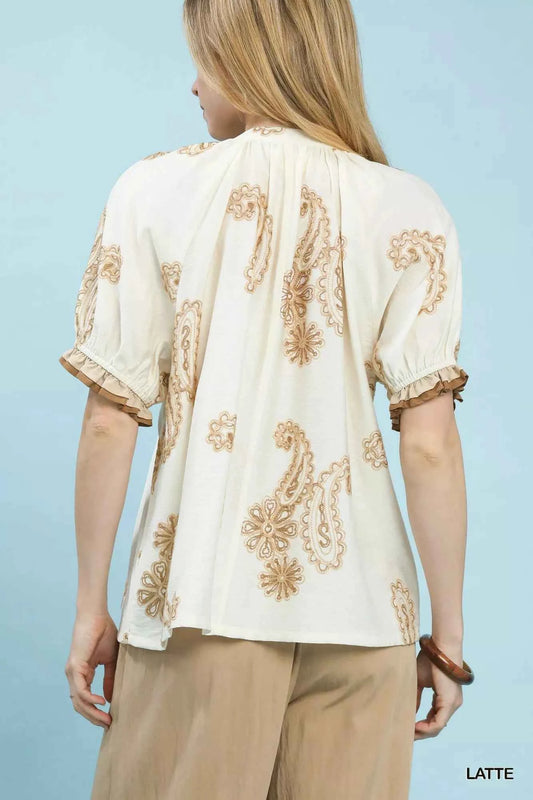 Paisley Embroidered Short Puff Sleeve Top 20db530d-dd2b-46b7-bd7d-2366d0b20a3f-Max-Origin