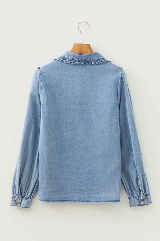 Western Denim Ruffle Peter Pan Collar Shirt 20e458d5-4937-4dff-8141-d3b15ef46d48