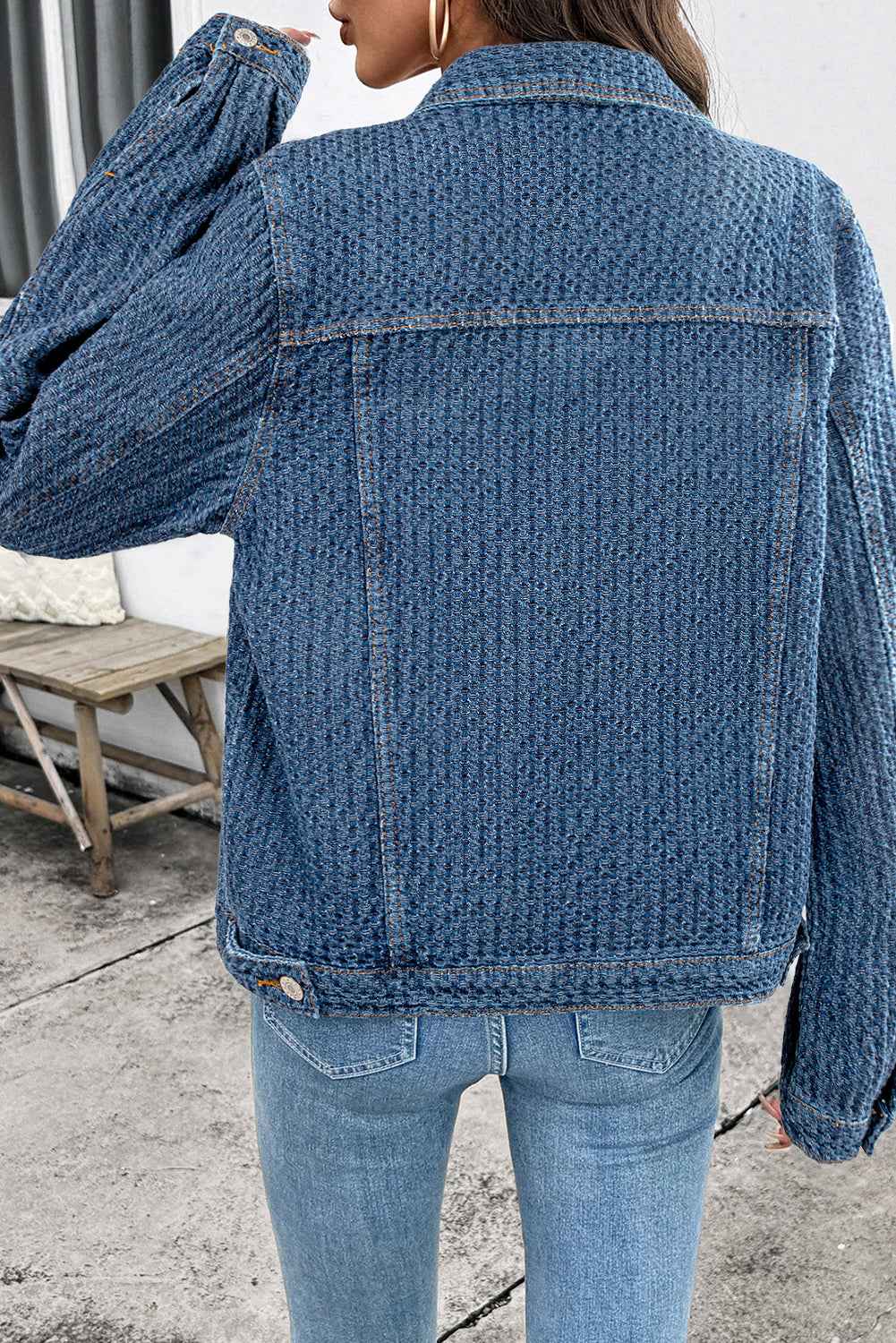 Blue Double Flap Pocket Denim Textured Button Down Jacket 20eaffa684bacdd0