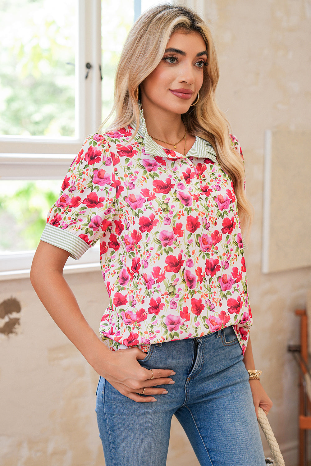 Sky Blue Floral Print Striped Patchwork Collared Blouse 20eb9c79f897a3a5