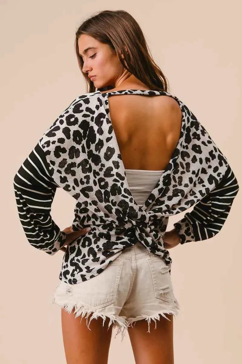 BiBi Leopard Hacci Knit Twist Back Top With Stripe Sleeve 20ed70e9de464ba5ad01dfc91238068f-Max-Origin