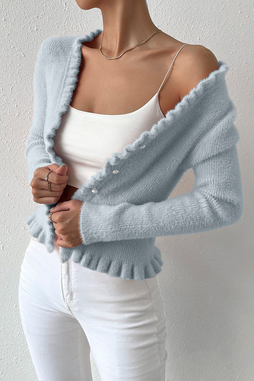 Beau Blue Pearl Button V Neck Sweater Cardigan 20ee257a34359781