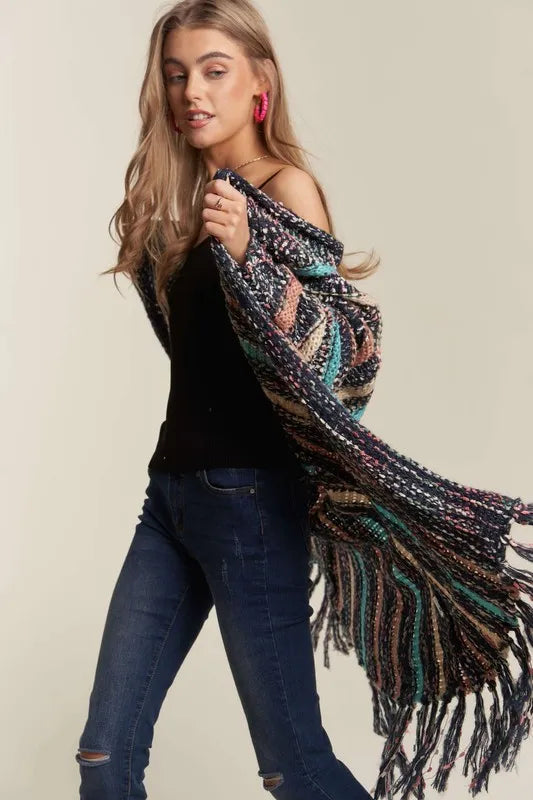 ADORA Multi Colour Sweater Long Cardigan with Fringes