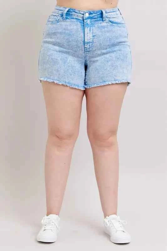 Judy Blue Plus Size Mid Rise Garment Dyed Denim Shorts CYAN 20f03782-af95-4b4f-8318-697014622218-Max-Origin