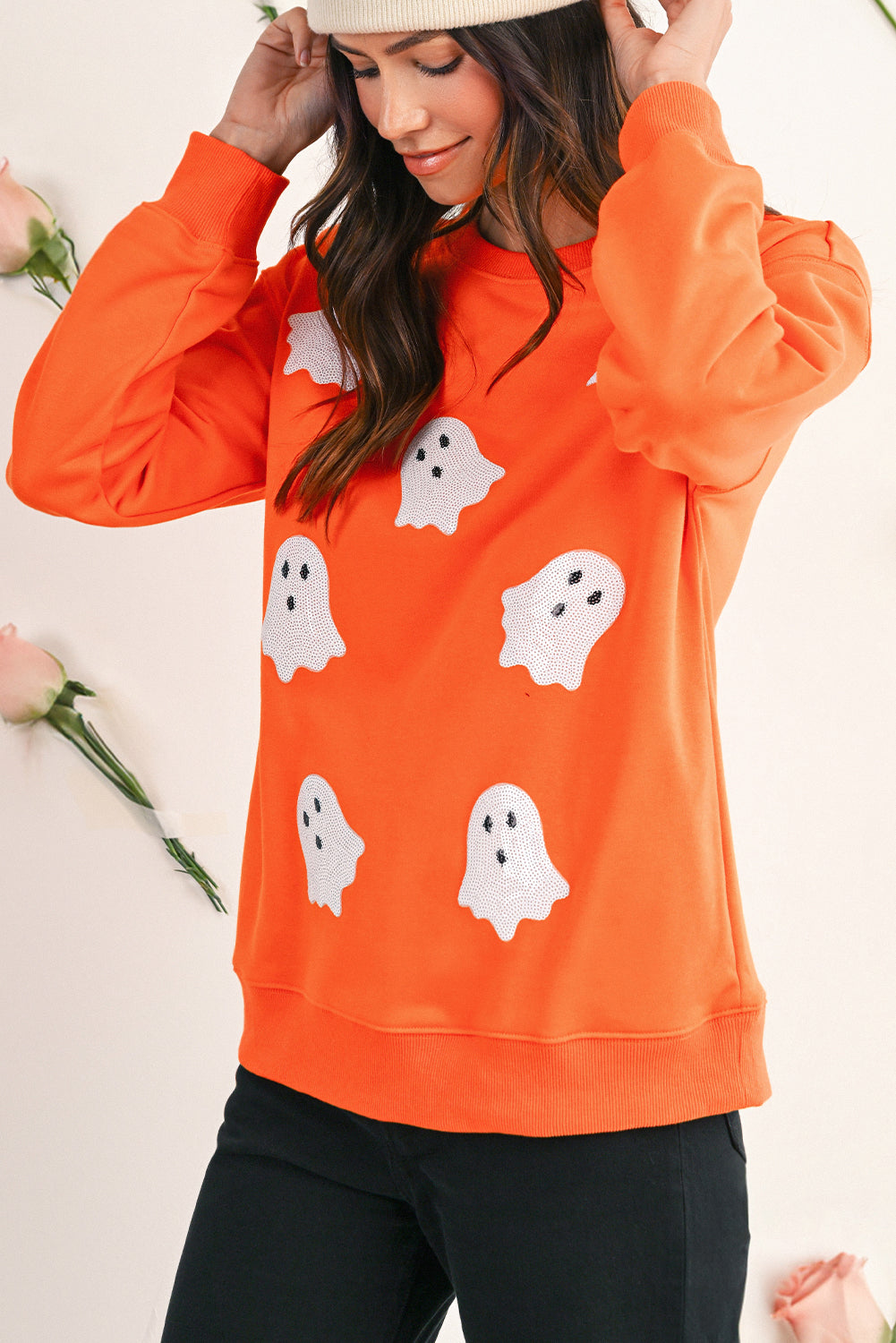 Black Halloween Ghost Sequins Patch Drop Shoulder Sweatshirt 20f17efcac6cc436