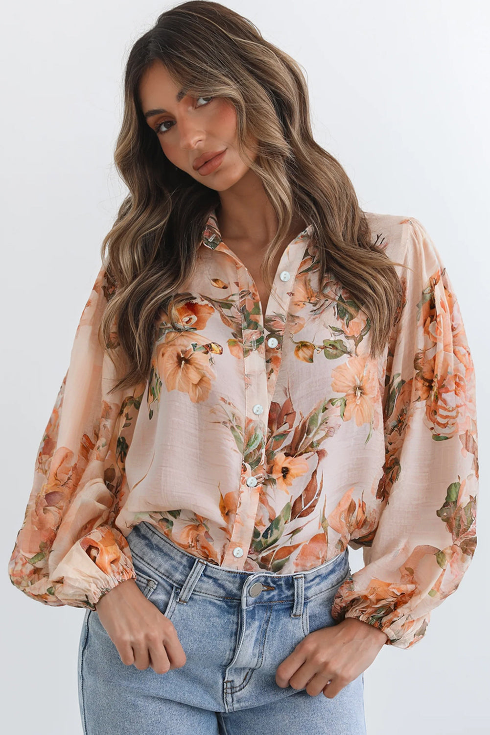 Brown Floral Puff Sleeve Lightweight Shirt