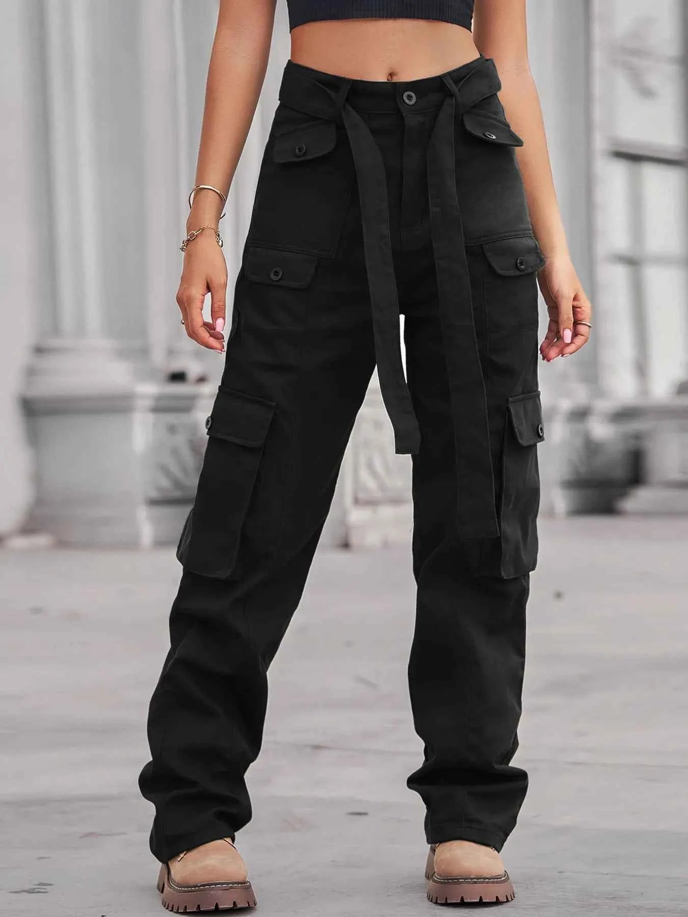 High-Waisted Multi-Pocket Cargo Jeans Black 21001e8481574781a2c373b79407f588-Max-Origin