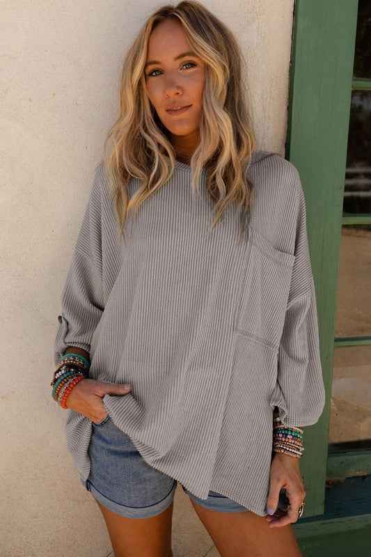 Ribbed tab sleeve oversize pocket top Grey 21011797_860584f3-4349-45a7-aaff-4e4546270311
