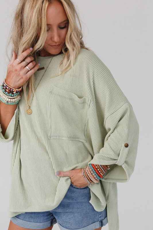 Ribbed tab sleeve oversize pocket top Sage Green 21011797_cf57840d-fa75-4bd9-800b-4b04f5613d0a
