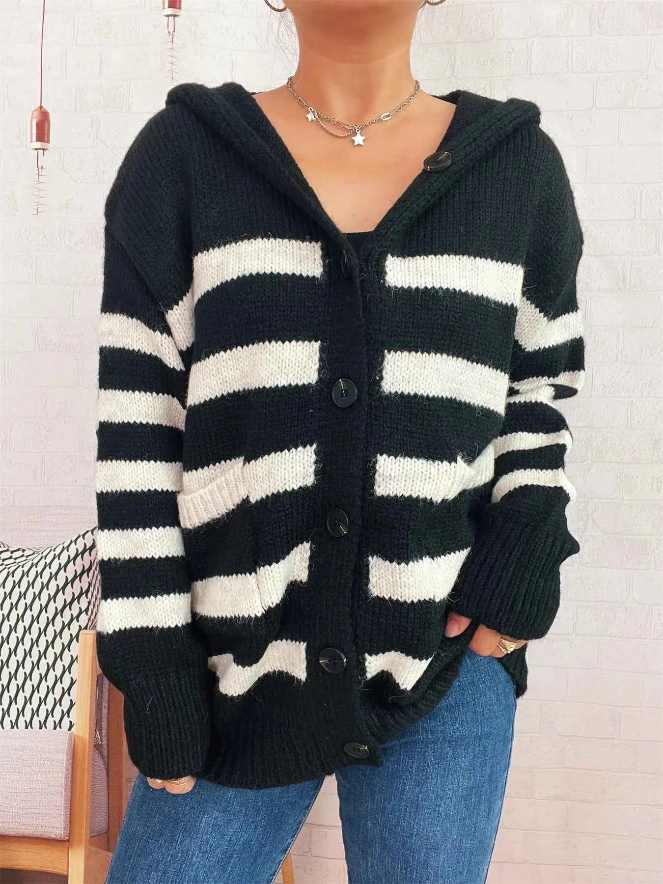 Striped Button-Up Hooded Cardigan 21030fe7a8be4296915381e4a3185fc2-Max-Origin