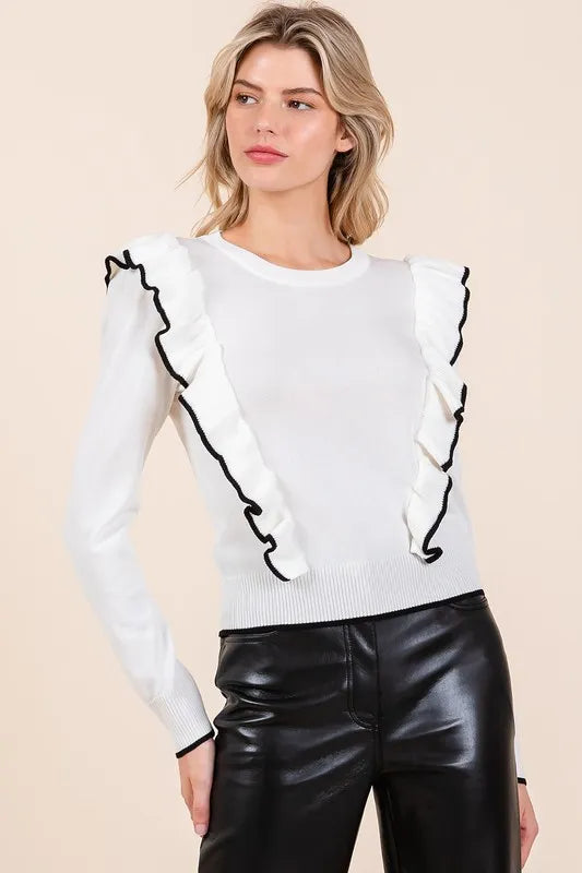 Contrast Trim Ruffled Round Neck Knit Top 21048da7-530f-448a-9a74-708db69bfeb7-Max