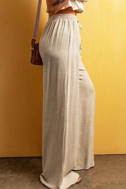 Beige Viscose Linen floor length wide leg pants 21064650_75bbdce0-4c5a-4093-b002-e845cf8355b5