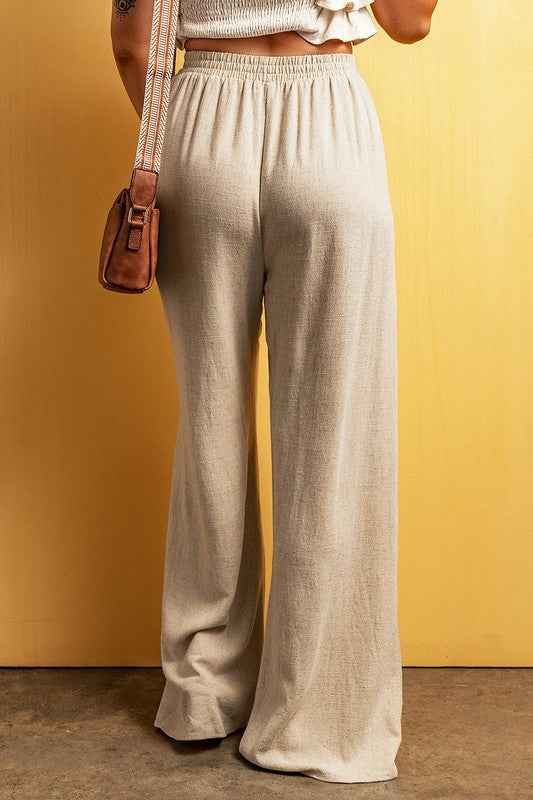 Beige Viscose Linen floor length wide leg pants 21064650_802cccf5-992d-46d0-81df-45bd9f5027cf
