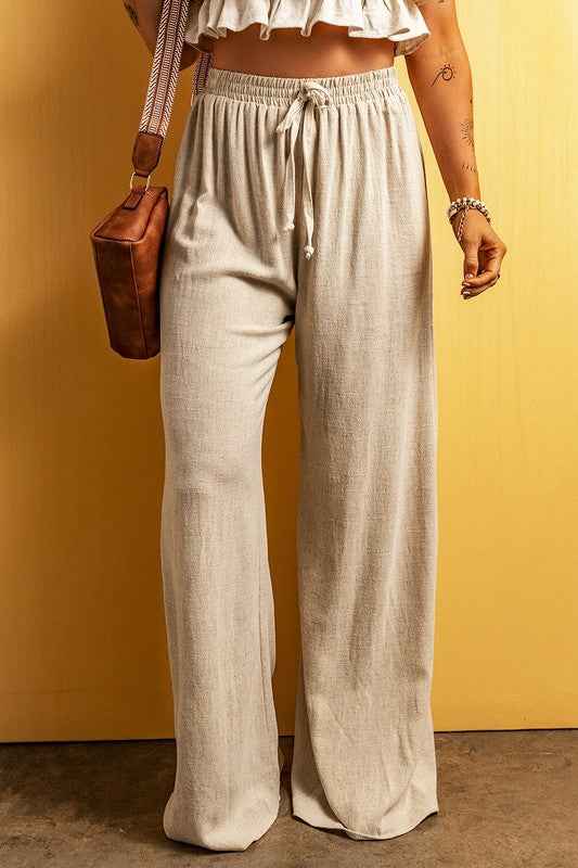 Beige Viscose Linen floor length wide leg pants 21064650_eff92ad5-4be6-4388-8321-95c095f03568