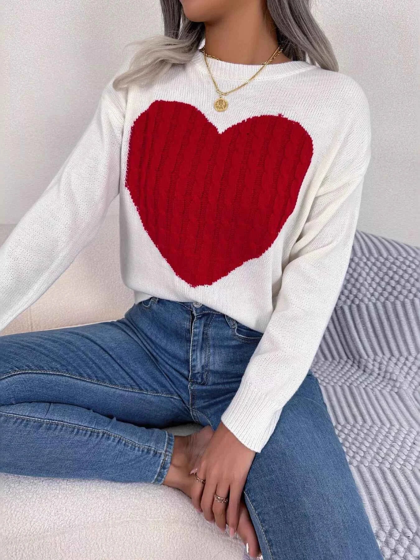 Cable Knit Heart Round Neck Sweater White 210695f015b74043b46b3829b43c5928-Max-Origin