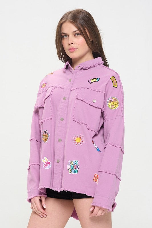 Patchwork frayed hem button down collared top 21070305_6c614db3-6921-477a-a60f-4e6a5272afa2