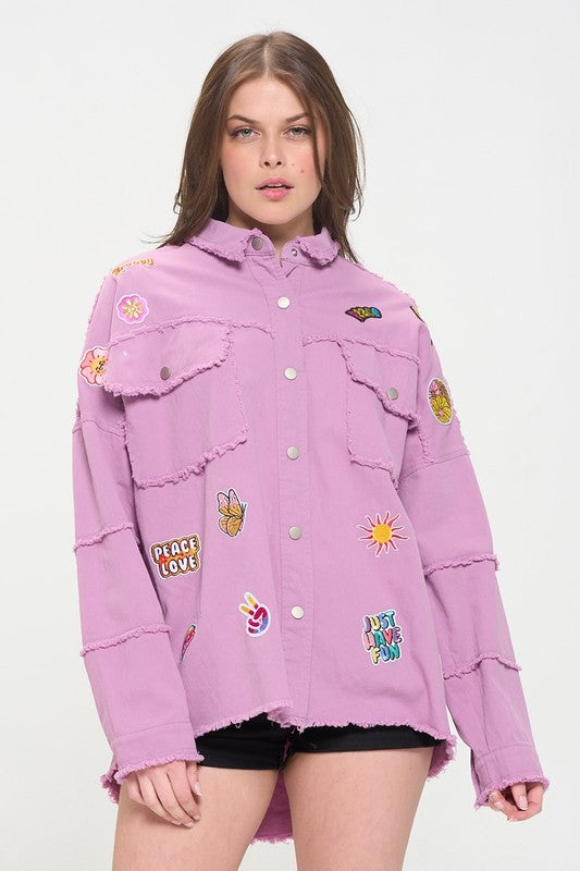 Patchwork frayed hem button down collared top 21070305_c9e06154-b9fd-452a-90e9-705ebf2accf9