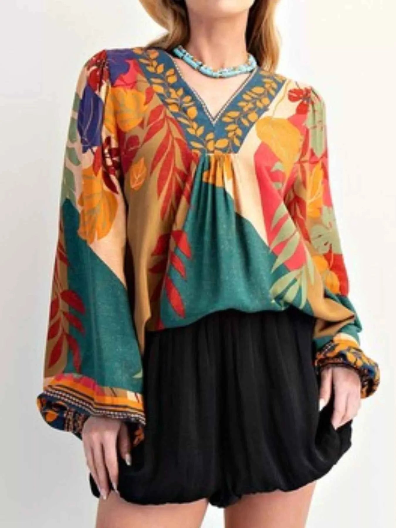 Tropical Print Balloon Sleeve Blouse 210aebc2-8de6-4a9e-9786-57746d8d08af-Max-Origin