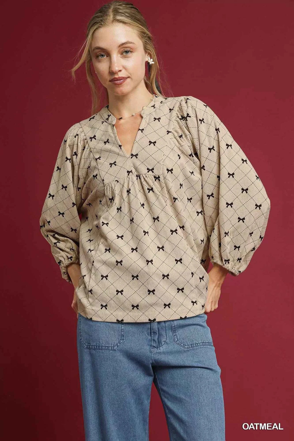 Umgee Corduroy Bow Print Balloon Sleeve Blouse OATMEAL 211c41e1-92b4-4c70-9607-4b914615a8ec-Max-Origin