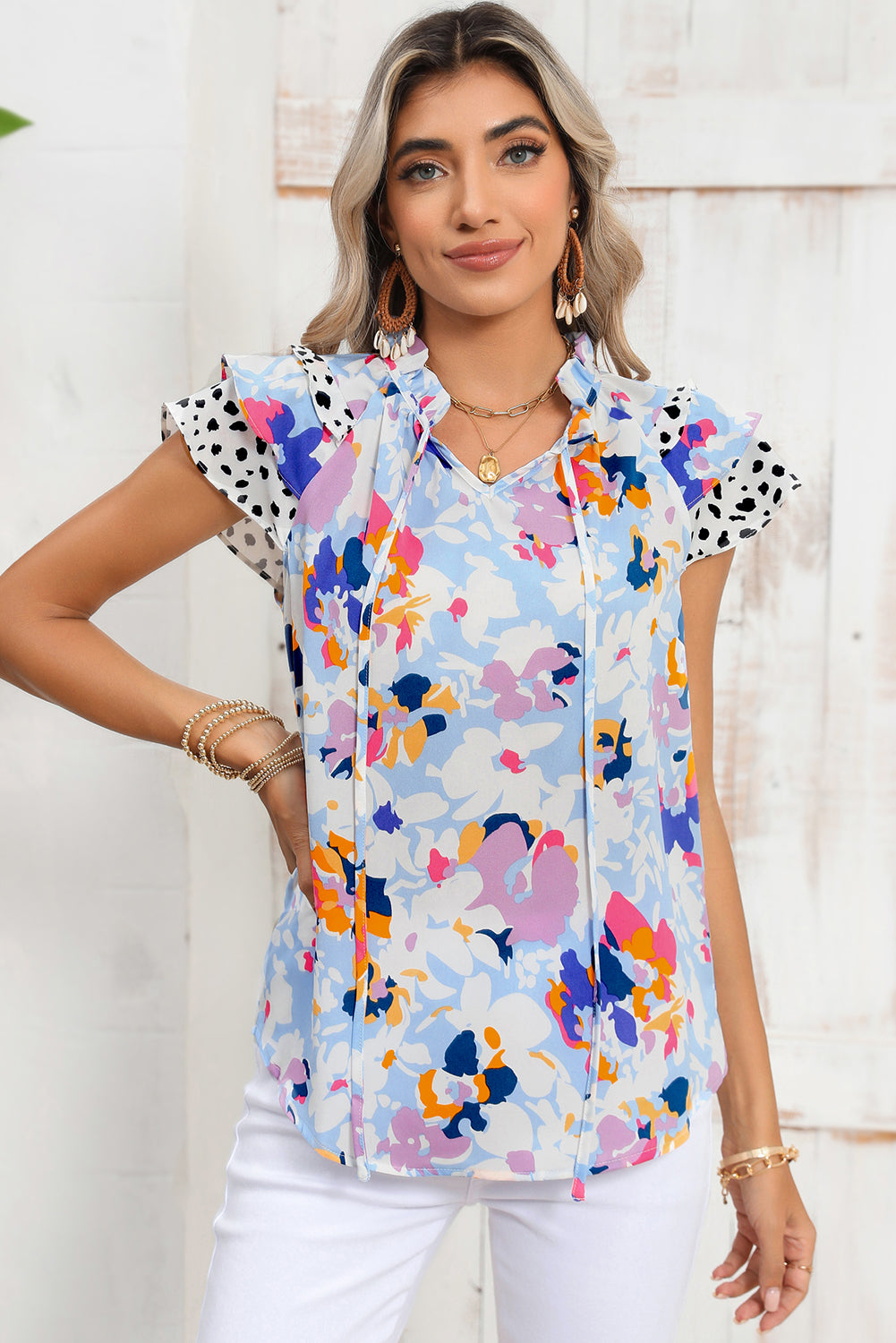 Black Floral Print Ruffle Flutter Sleeve Tied V Neck Blouse 211f659dd48fe10e