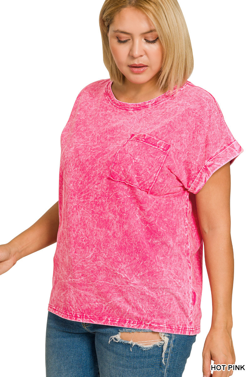 Zenana Full Size Crinkle Washed Round Neck Folded Short Sleeve Tee Plus Size 212a6a46-31da-444f-ba2a-804d43e3ad45-Max
